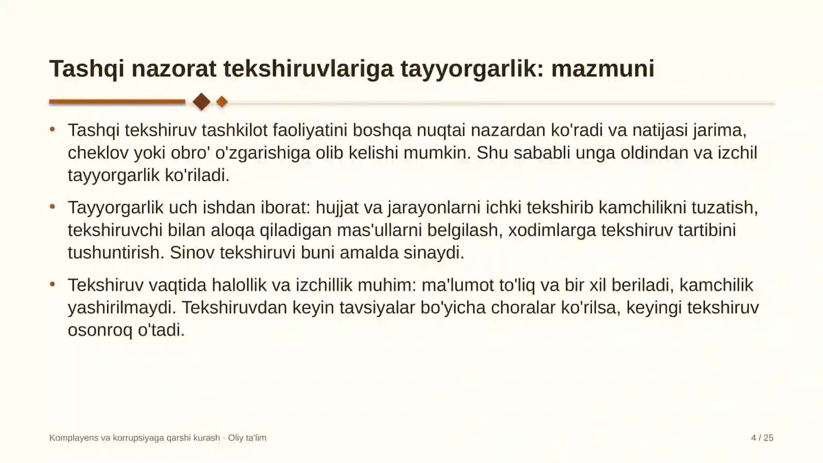 Yo'l harakati xavfsizligi xizmatida komplayens bo'yicha tashqi nazorat tekshiruvlariga tayyorgarlik 4