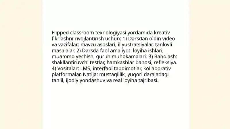 Kreativ pedagogika fanini oʻqitishda pedagogik texnologiyalardan foydalanish 4