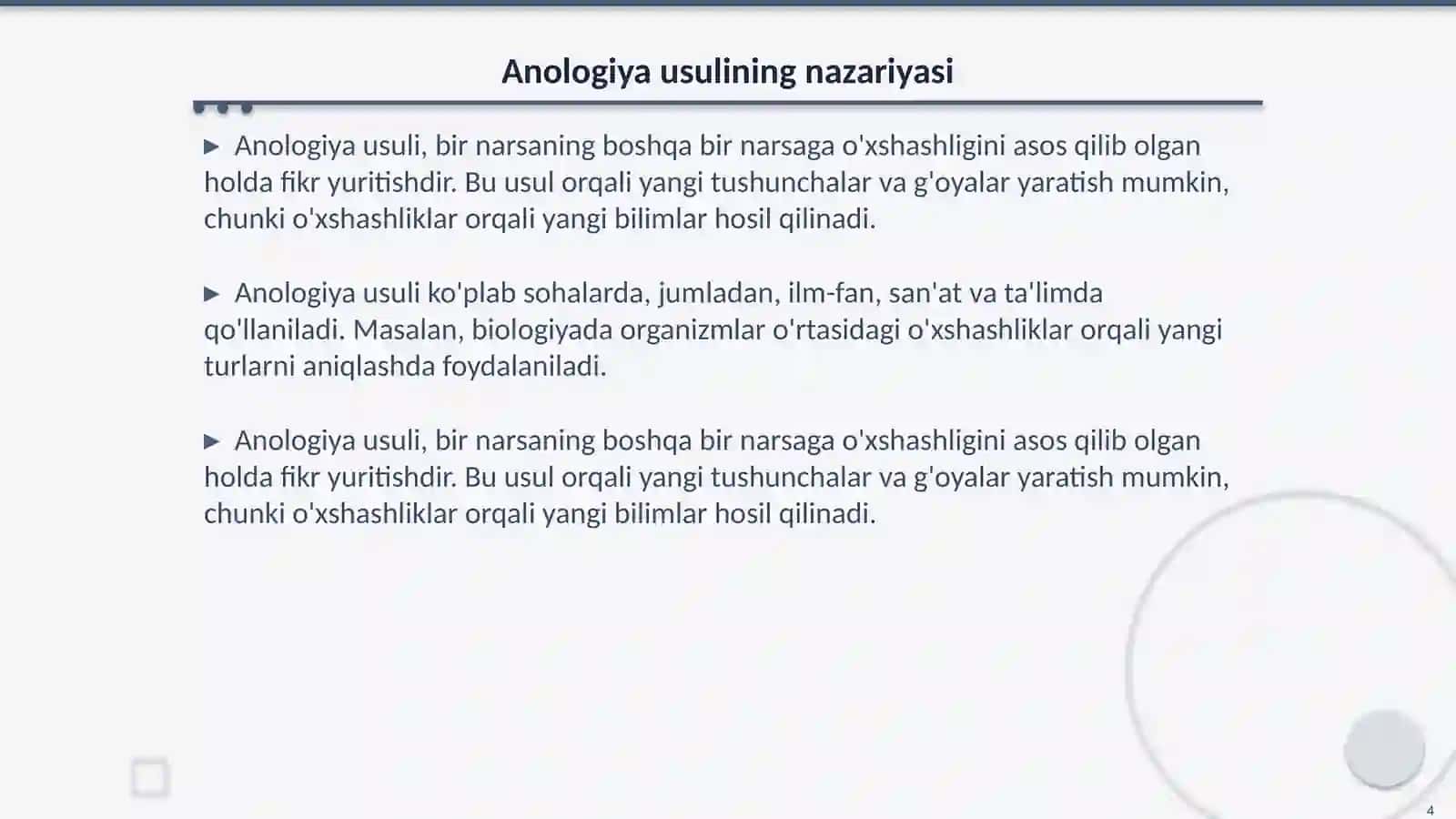 Tushunchalar ustida mantiqiy amallar Anologiya usulida hulosa chiqarish 4