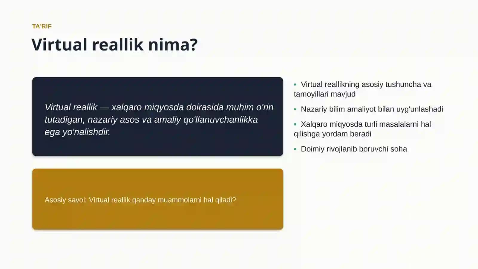 XALQARO MIQYOSDA • #89861 Virtual reallik Global tendensiyalari O'quvchilar uchun • 16:9 • O'zbek tilida 4