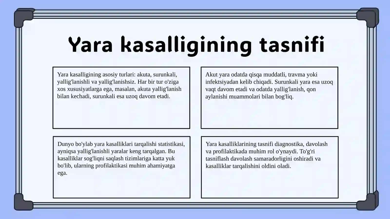 Yara kasalligi. Etiopatogenez, tasnifi, tashxis mezonlari, etiotrop davosi, profilaktikasi 4