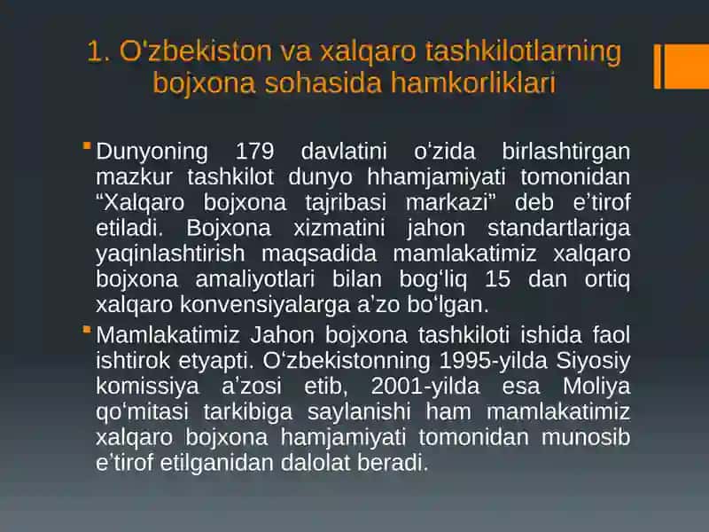 O'zbekiston va xalqaro tashkiilotlarning bojxonasohasidagi hamkorlik 4