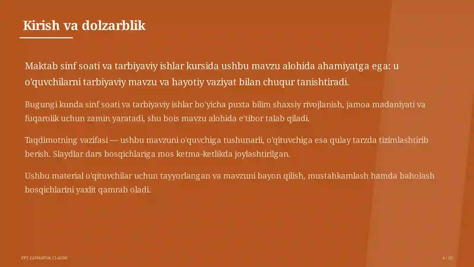 Sinf soati va tarbiyaviy tadbirlar (1–11) — o'qituvchilar uchun 4