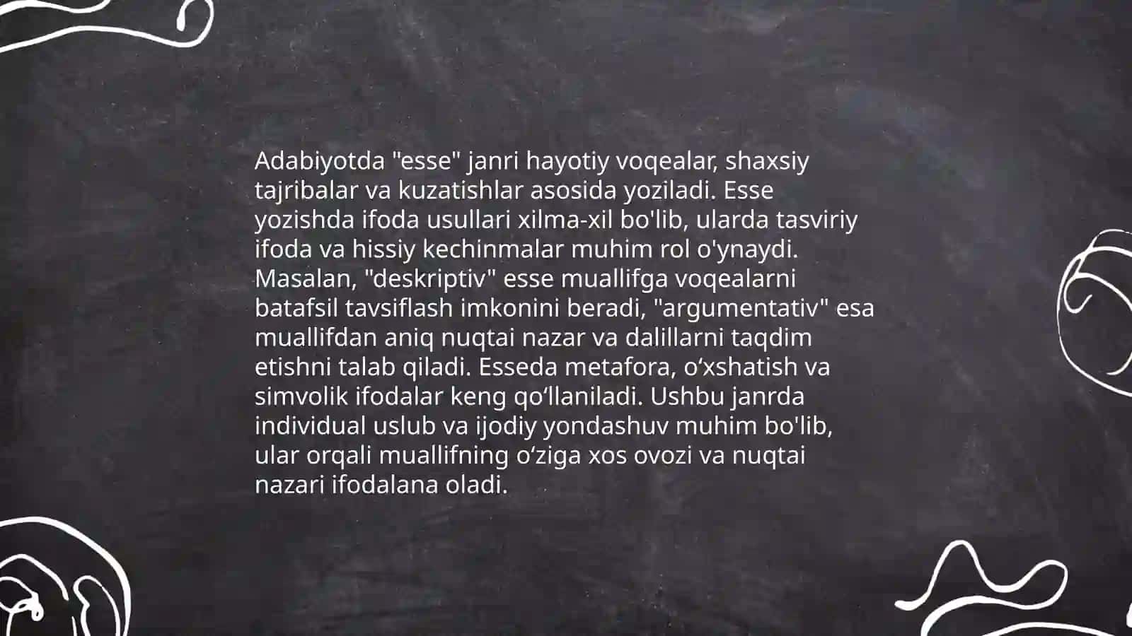 Esse janrining talablari va taʼrifiga koʻra matn va taqdimot tayyorlash 4