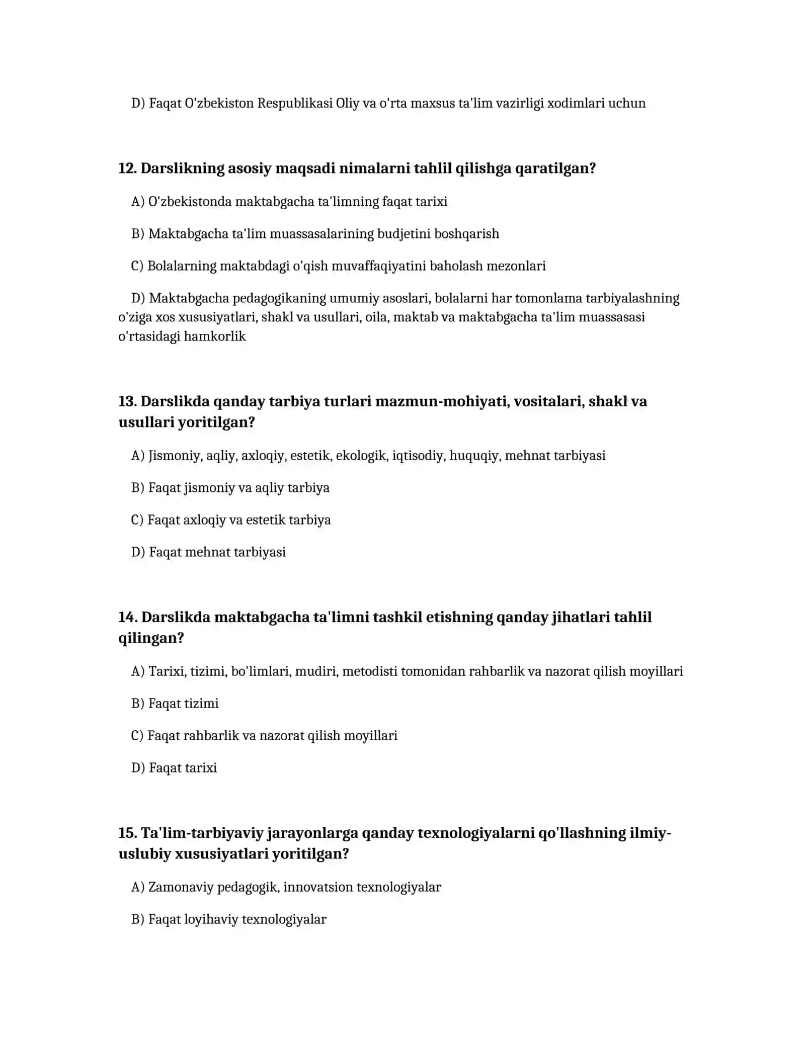Maktabgacha pedagogika fanidan test 4