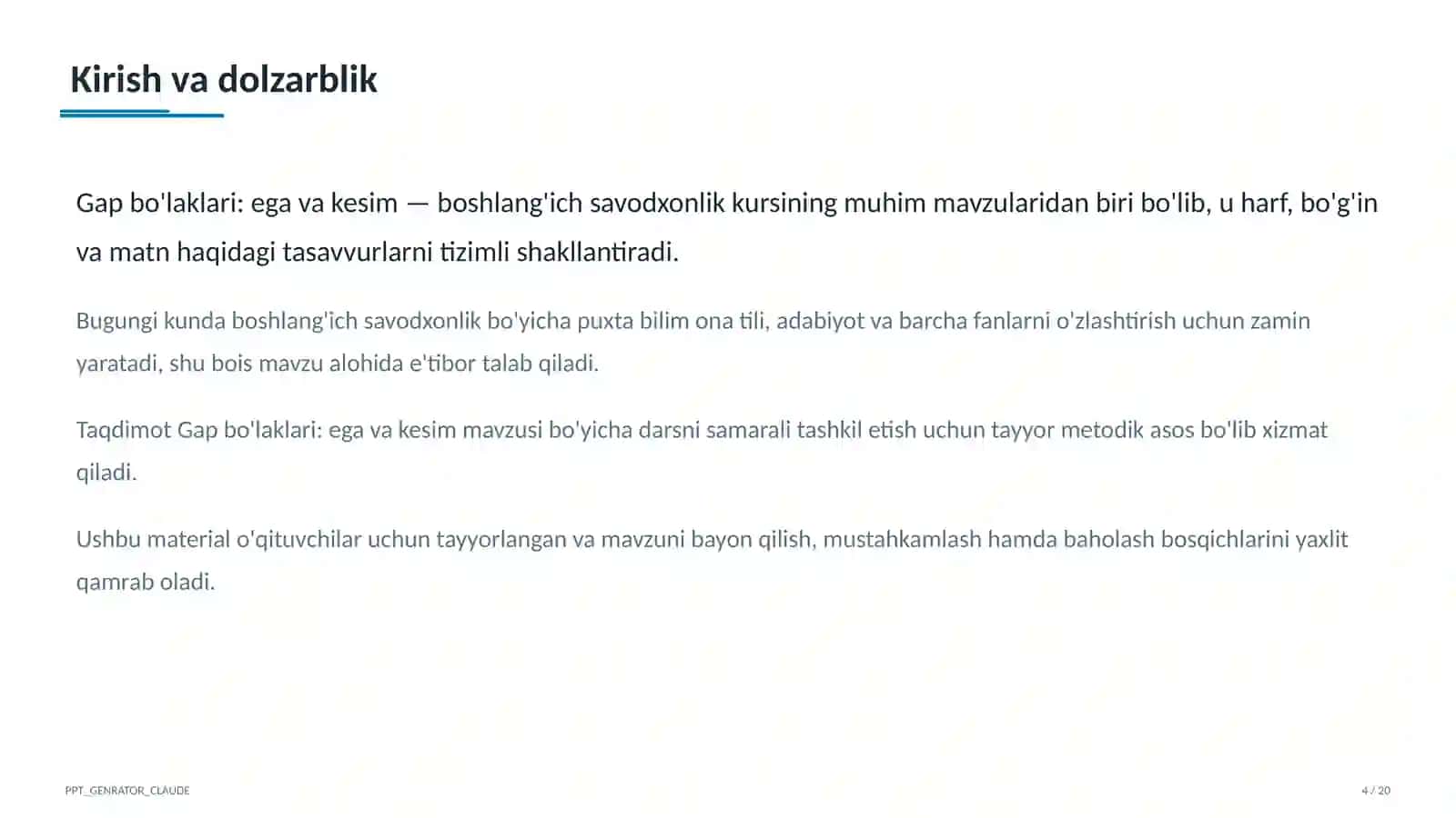 Gap bo'laklari: ega va kesim (4-sinf) 4