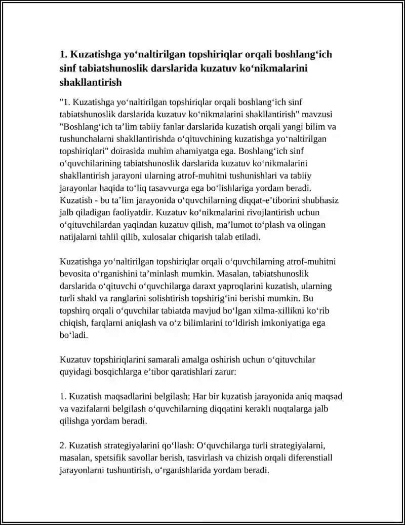 BOSHLANG‘ICH TA’LIM TABIIY FANLAR DARSLARIDA KUZATISH ORQALI YANGI BILIM VA TUSHUNCHALARNI SHAKLLANTIRISHDA O‘QITUVCHINING KUZATISHGA YO‘NALTIRILGAN TOPSHIRIQLARI 4