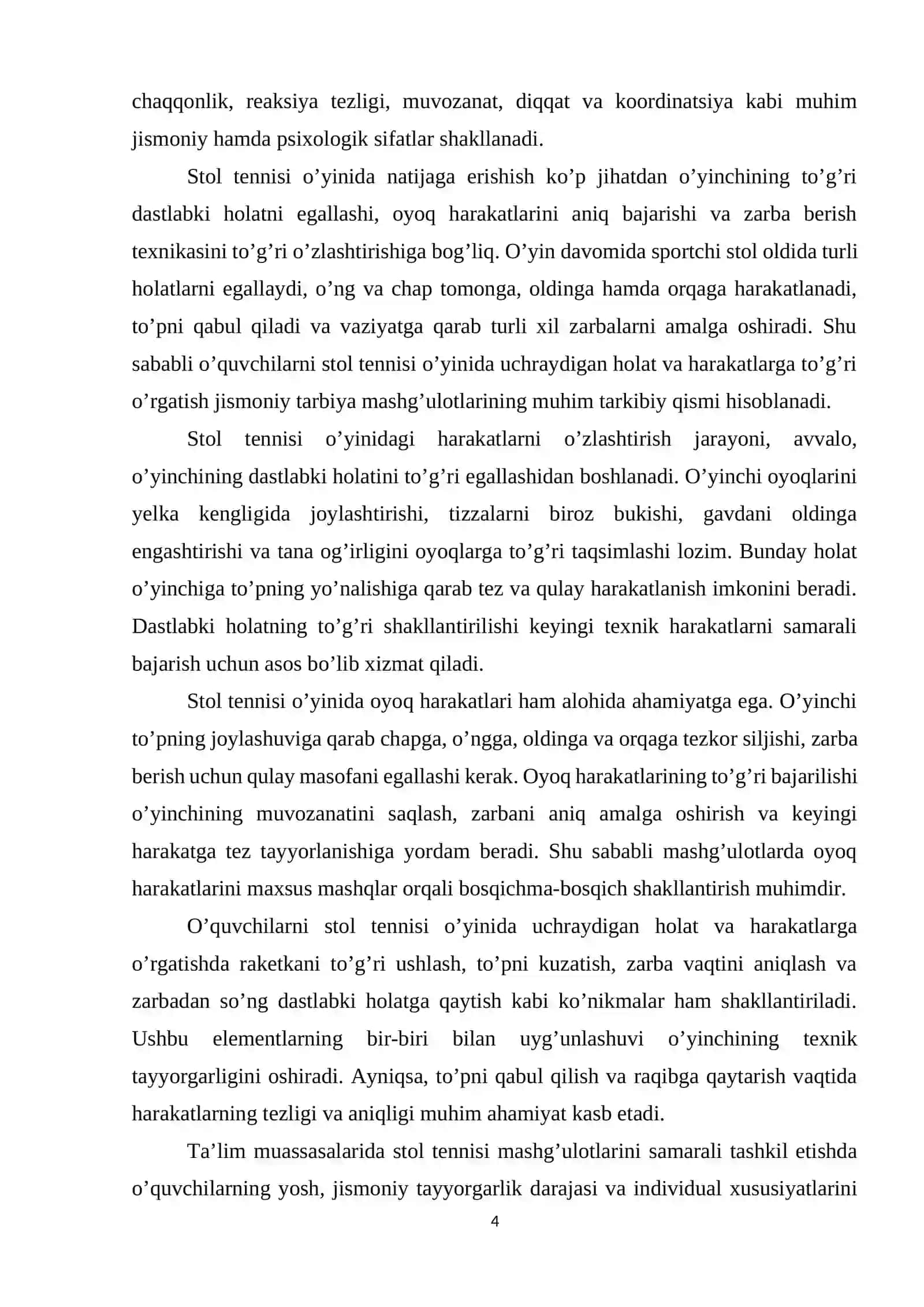 Stol tennisi o’yin ida uchraydigan holat va harakatlarga o’rgatish 4