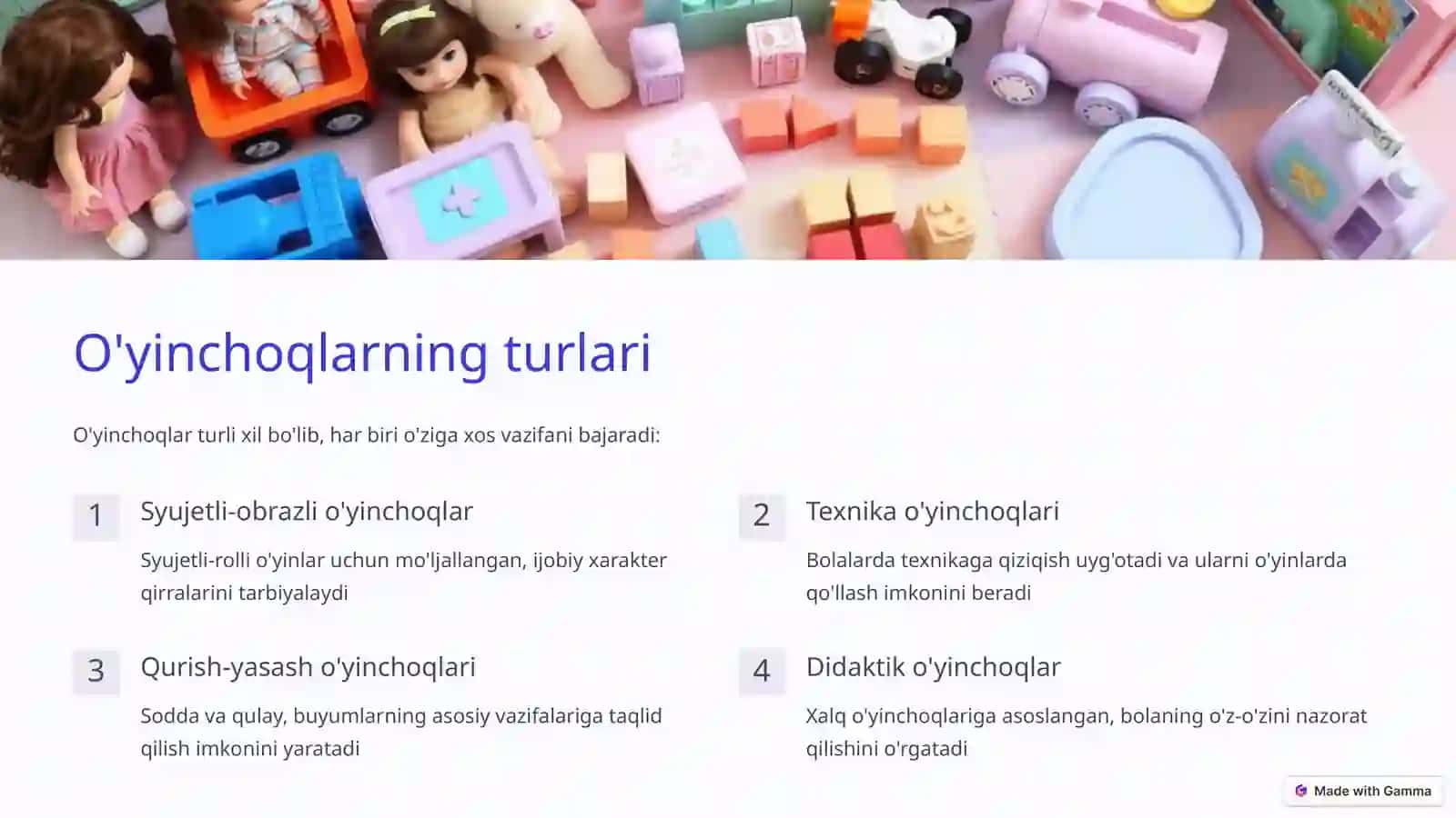 O'yinchoq va predmetlarga qarab hikoya qilishga o'rgatish 4