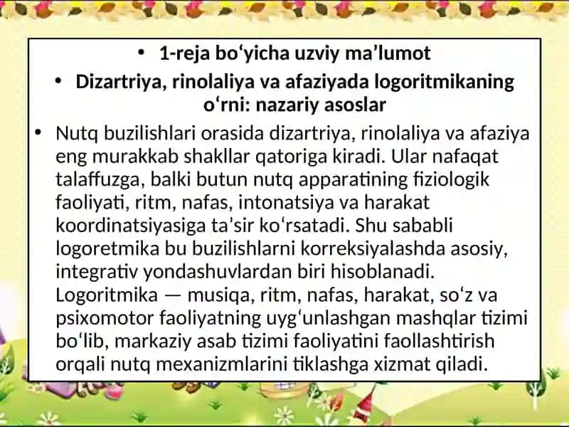 DIZARTRIYA, RINOLALIYA, AFAZIYA SINGARI NUTQ BUZILISHLARDA LOGORITMIK MASHQLAR 4