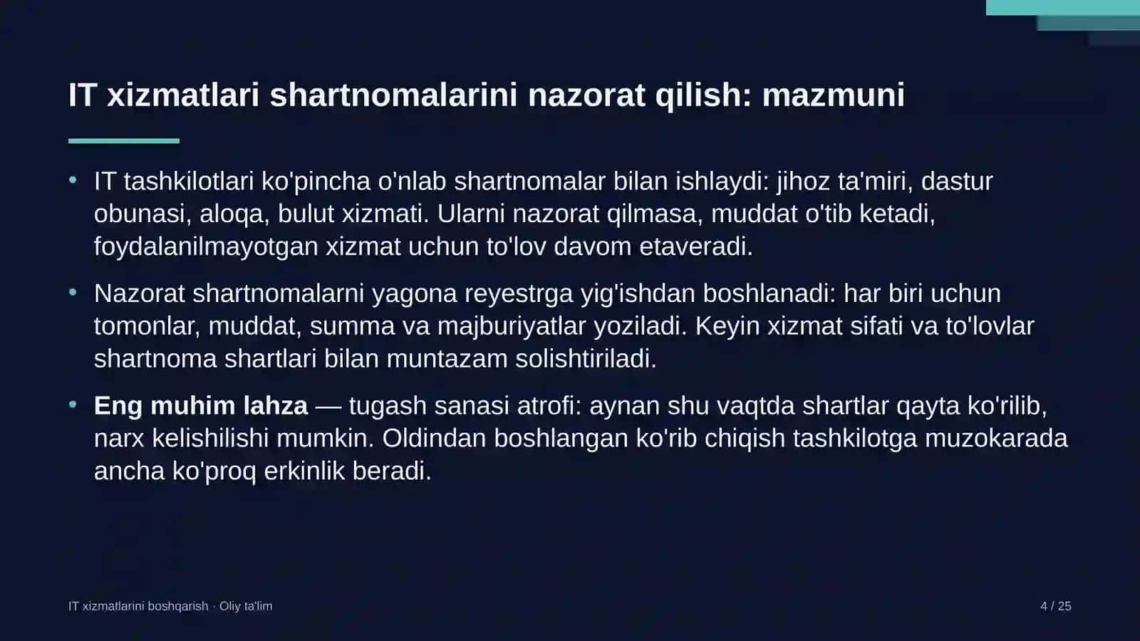 malaka oshirish markazlarida axborot texnologiyalari xizmatlari bo'yicha shartnomalarni nazorat qilish 1654 4