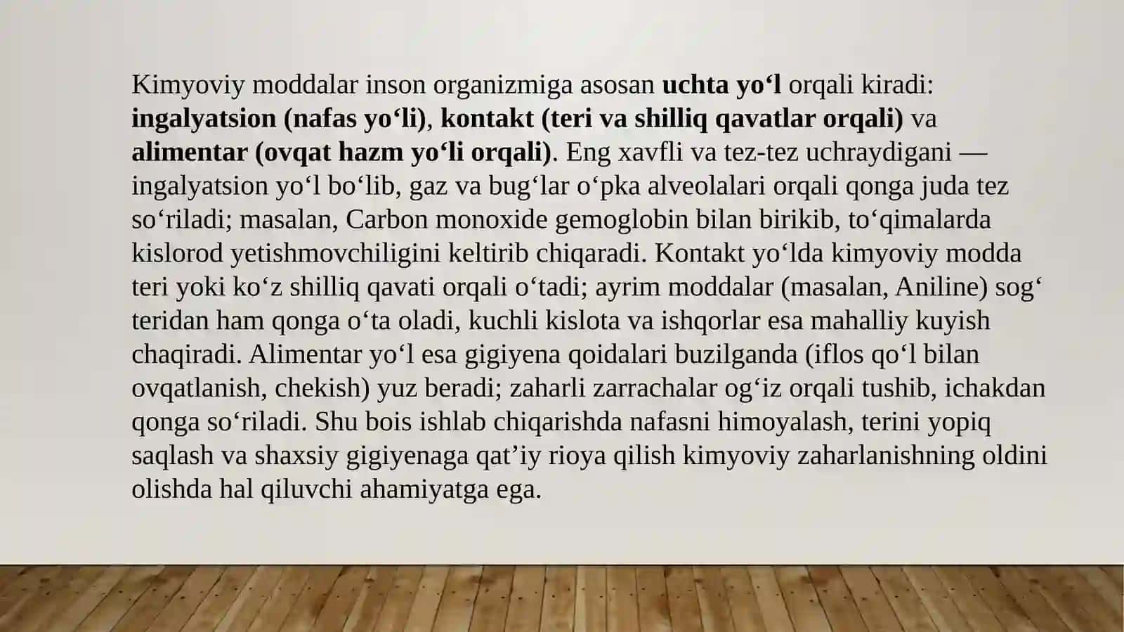Kimyoviy omillami umumzaharli va maxsus ta’siri haqida tushuncha. Ishchi zonasi havosining kimyoviy moddalar bilan ifloslanganligini tekshirish va baholash (ekspress-usullar). Korxonada sogLomlashtirish tadbirlari 4