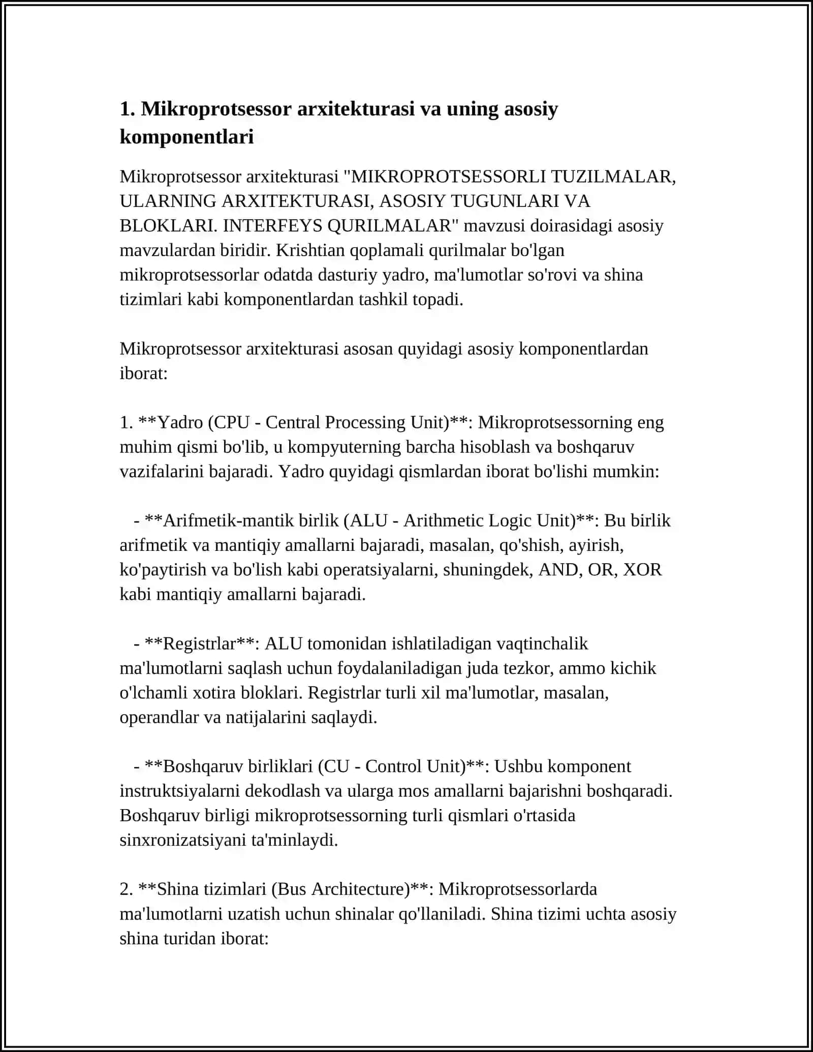 MIKROPROTSESSORLI TUZILMALAR, ULARNING ARXITEKTURASI, ASOSIY TUGUNLARI VA BLOKLARI. INTERFEYS QURILMALAR 4