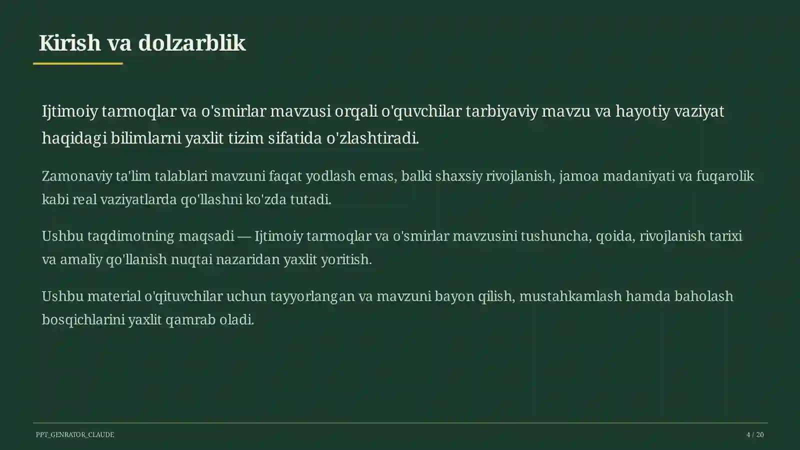 Sinf soati va tarbiyaviy tadbirlar (1–11) — o'qituvchilar uchun 4