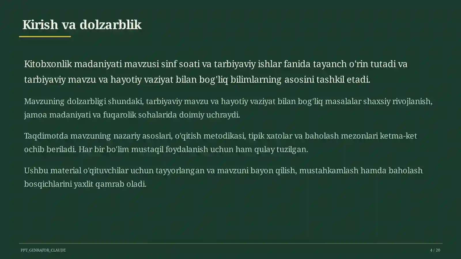 Sinf soati va tarbiyaviy tadbirlar (1–11) — o'qituvchilar uchun 4