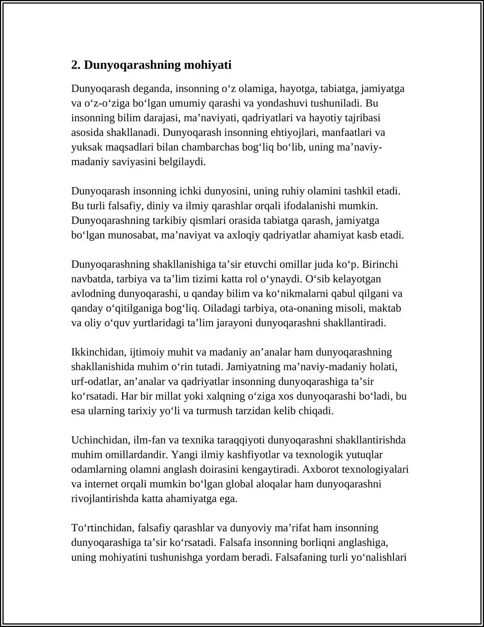 DUNYOQARASHNING MOHIYATI, TUZILISHI VA ASOSIY FUNKSIYALARI 4