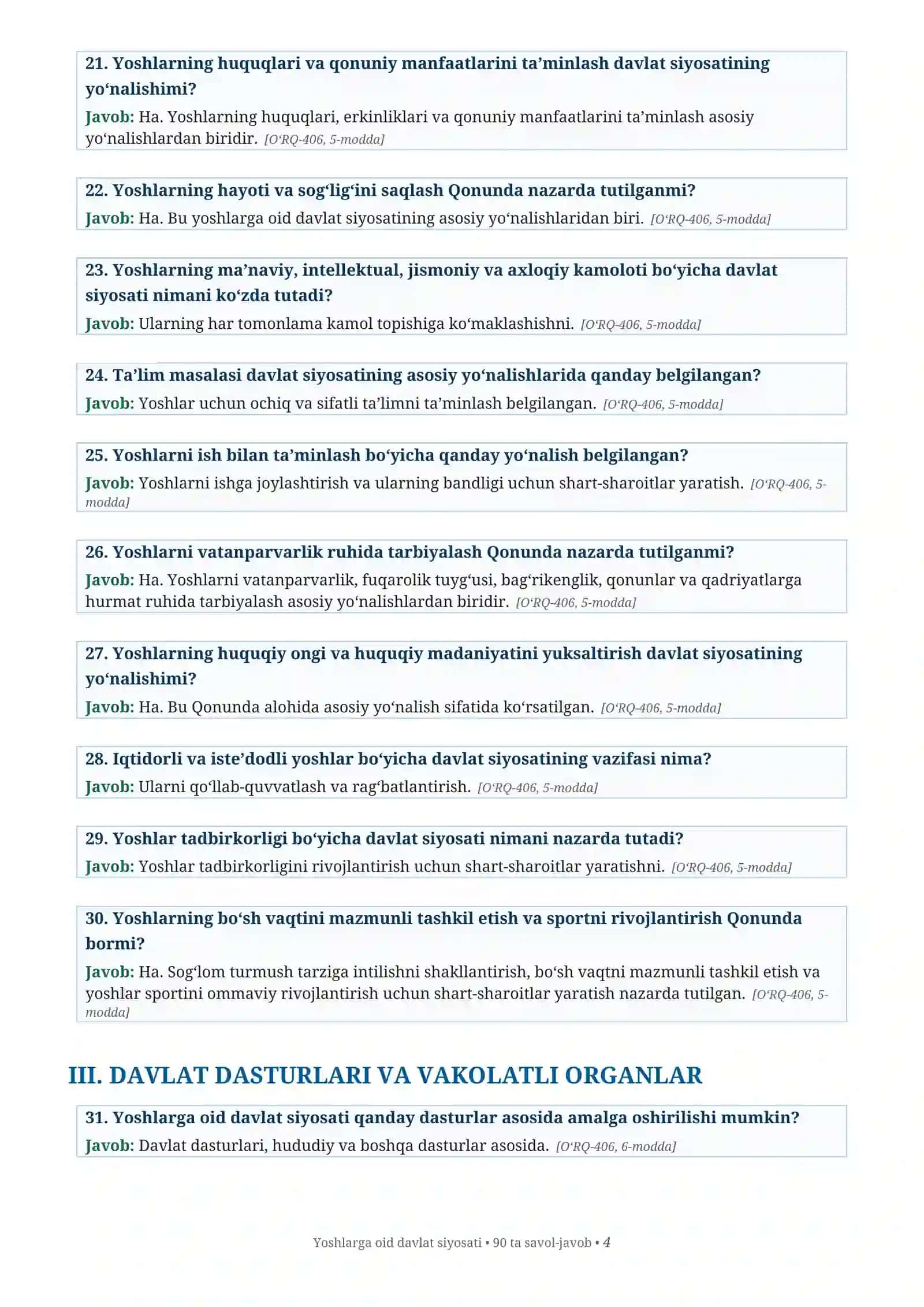 Yoshlarga oid davlat siyosati | 90 ta savol-javob | O‘zbekiston qonunlari asosida 4