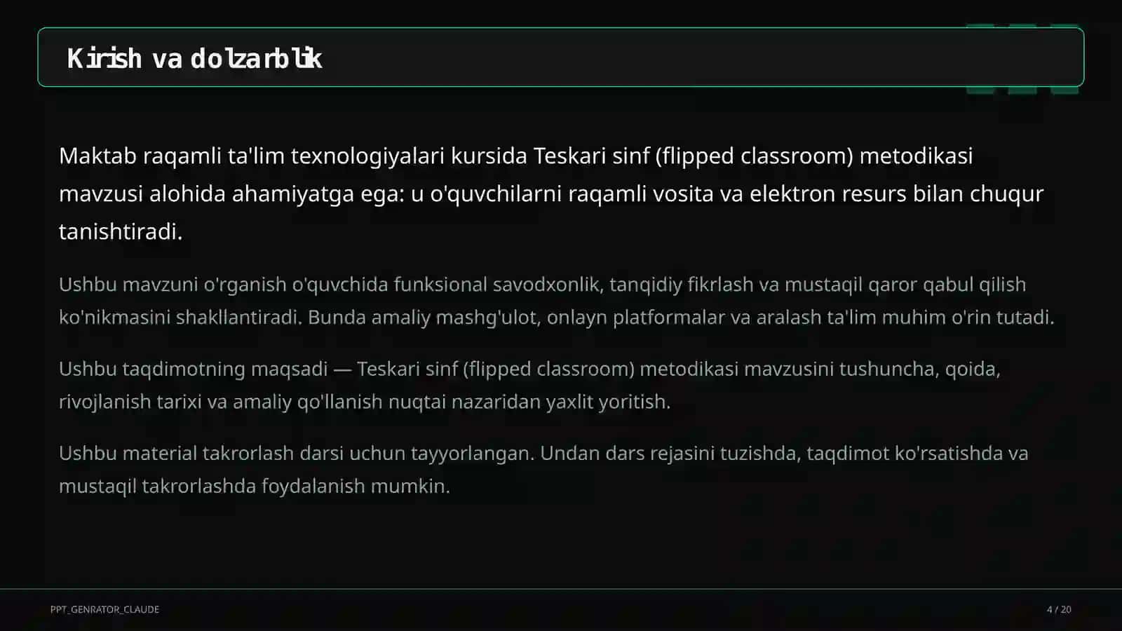 Teskari sinf (flipped classroom) metodikasi 4