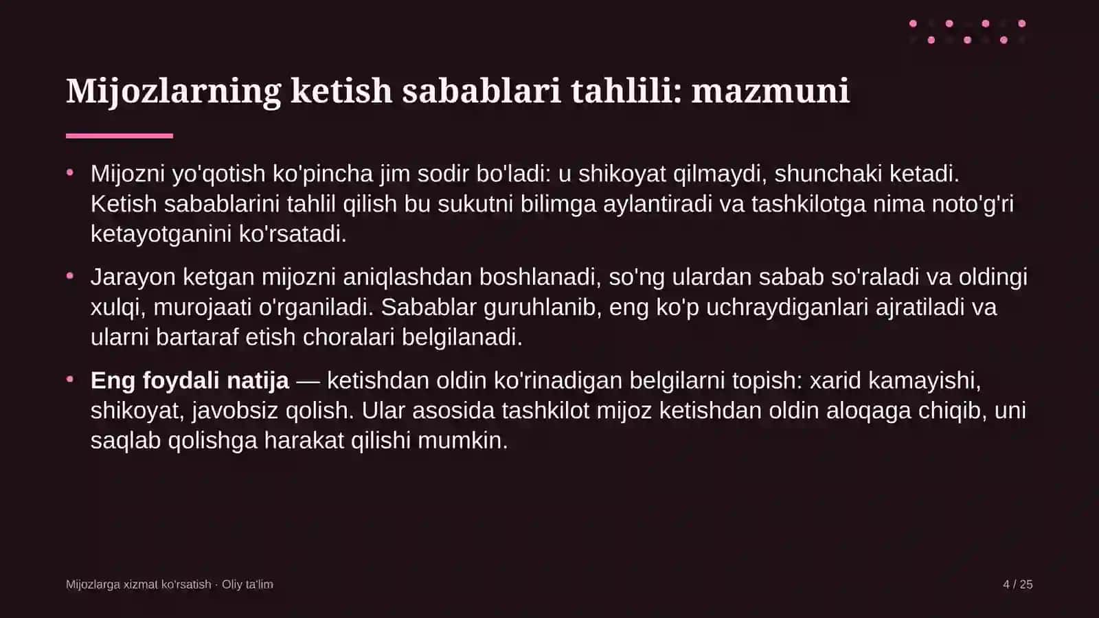 Magistraturada mijozlarning ketish sabablarini tahlil qilish 4