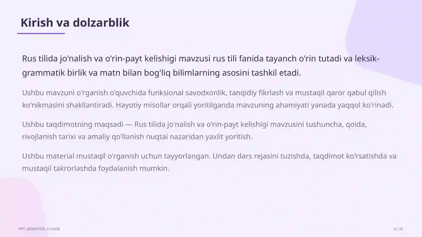 Rus tilida jo'nalish va o'rin-payt kelishigi (5-sinf) 4