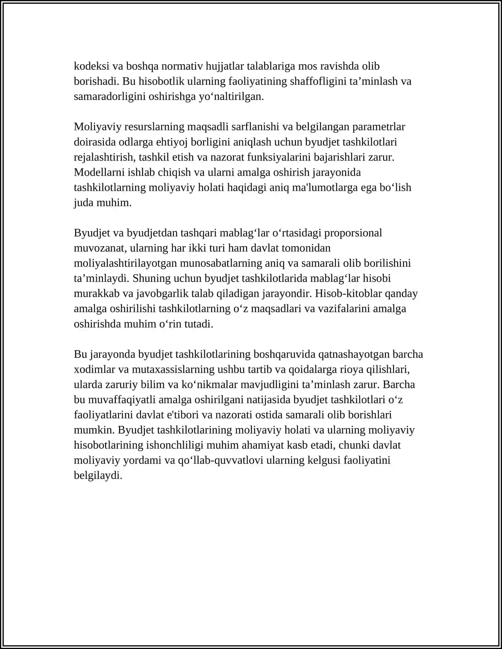 MUSTAQIL ISH: “BUDJET TASHKILOTLARIDA BUDJET VA BUDJETDANTASHQARI JAMGARMALAR BILAN HISOBLASHUVLAR HISOBI” 2025-2026-o'quv yili 4