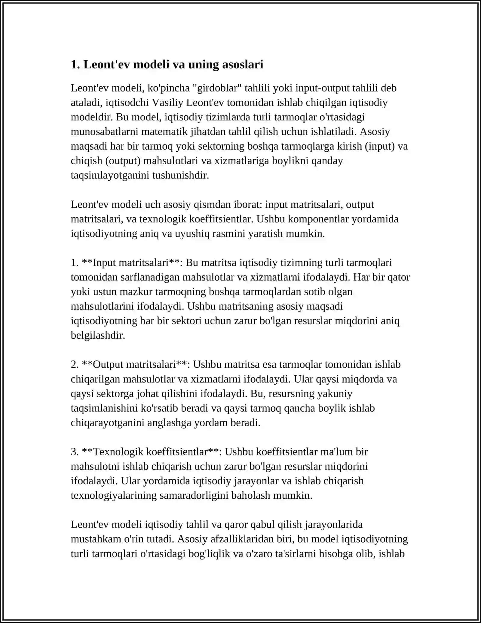 IQTISODIY MASALALARNI YECHISHNING BA'ZI METODLARI. KO'P TARMOQLI IQTISODIYOTNING LEONT'EV MODELI 4