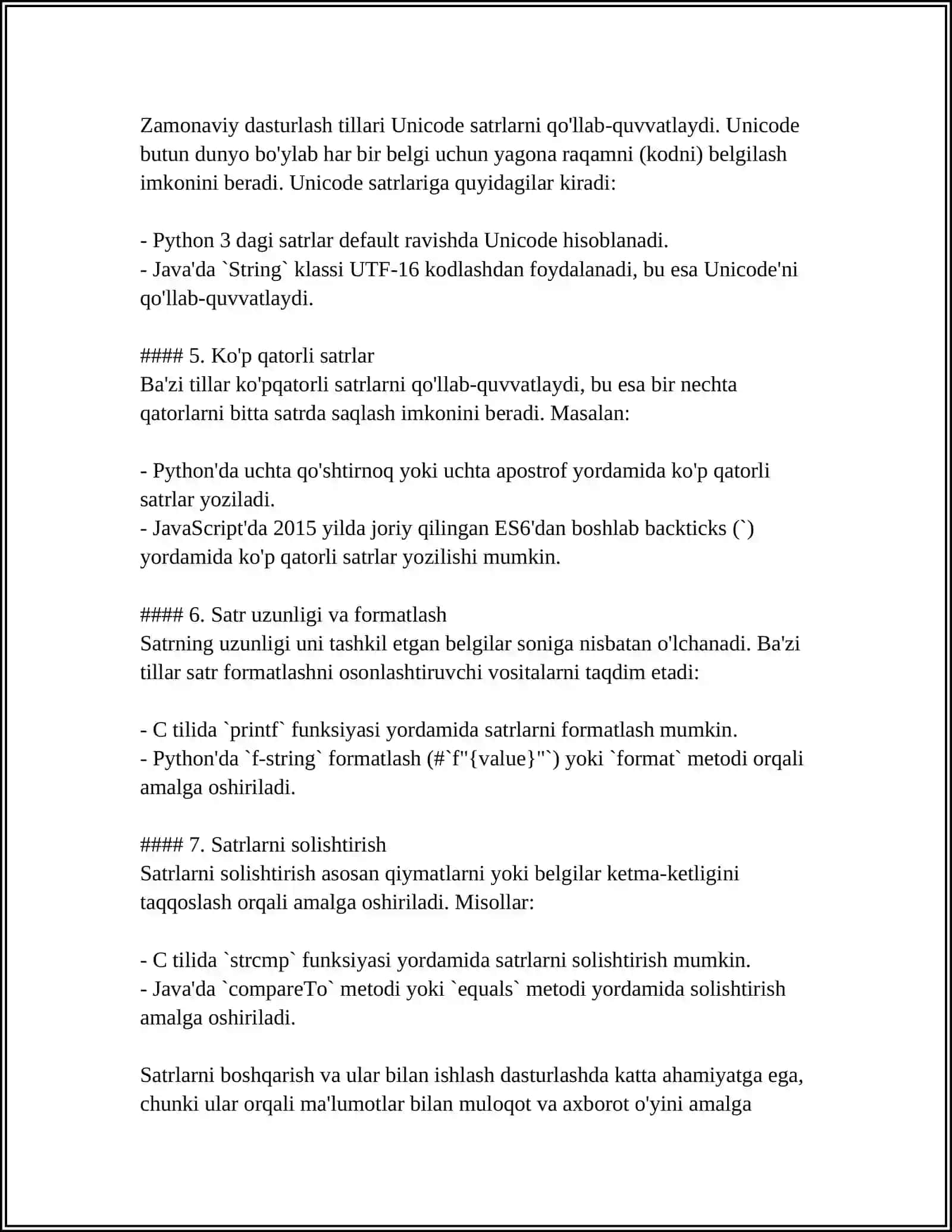 SATRLAR VA KENGAYTIRILGAN BELGILAR.STRING TOIFASIDAGI SATRLAR HAQIDA UMUMIY TUSHUNCHA SATR STANDART FUNKSIYALARI VA ULAR YORDAMIDA SATRLARGA ISHLOV BERISH 4