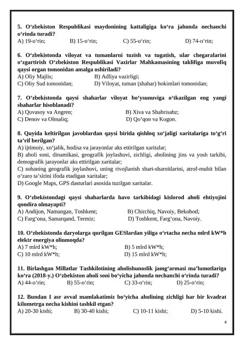 UMUMTA’LIM MAKTABLARI 8-SINF O‘QUVCHILARI UCHUN GEOGRAFIYA FANIDAN YILLIK NAZORAT ISHLARI JAMLANMASI 4