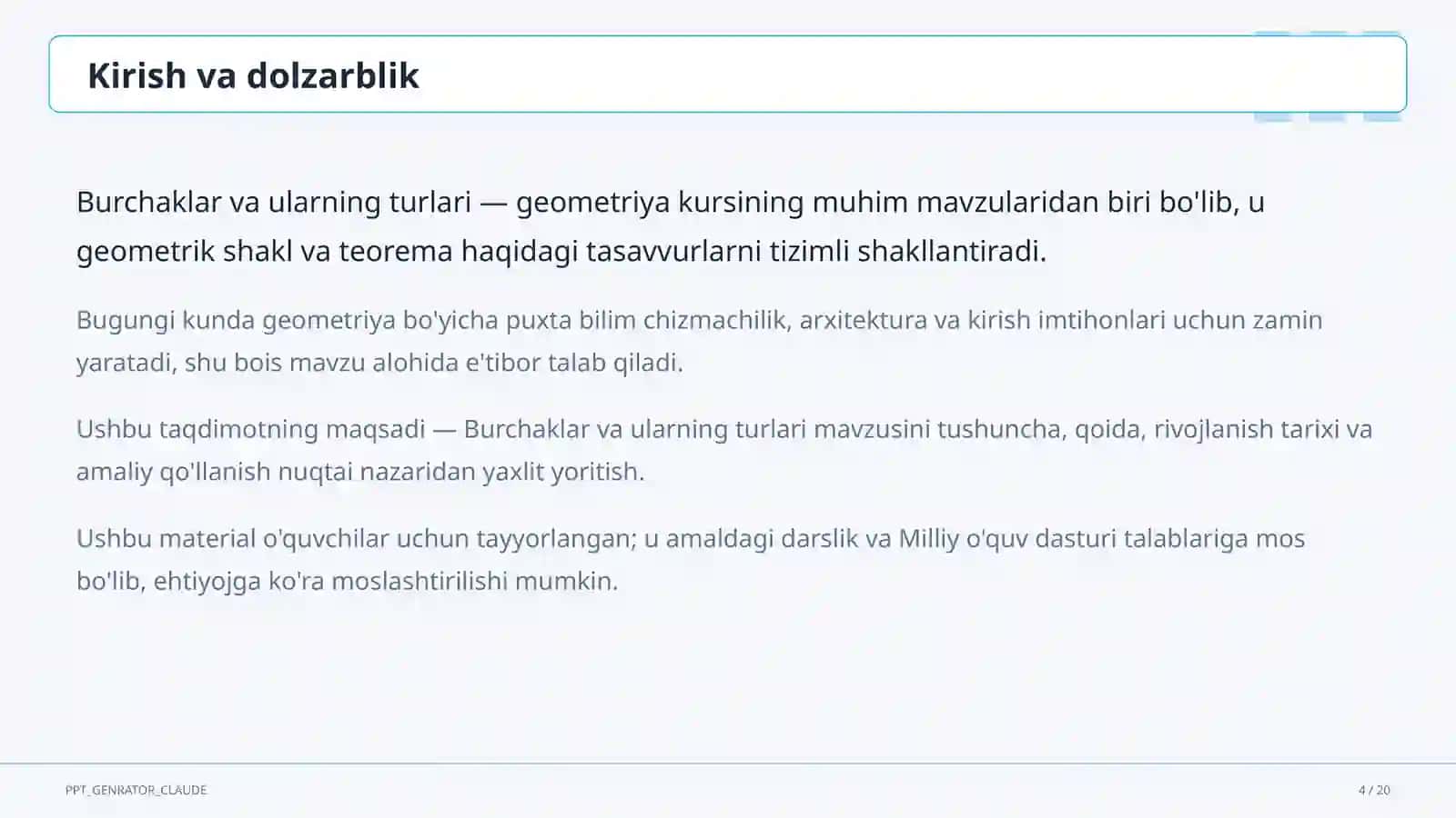 Burchaklar va ularning turlari (7-sinf) Geometriya (7–11) 4