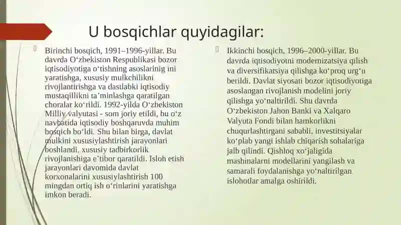 IQTISODIY ISLOHOTLAR XUSUSIY, MULKCHILIKNING RIVOJLANISHI.OʻZBEKISTONDABOZOR MUNOSABATLARINING RIVOJLANISHI 4