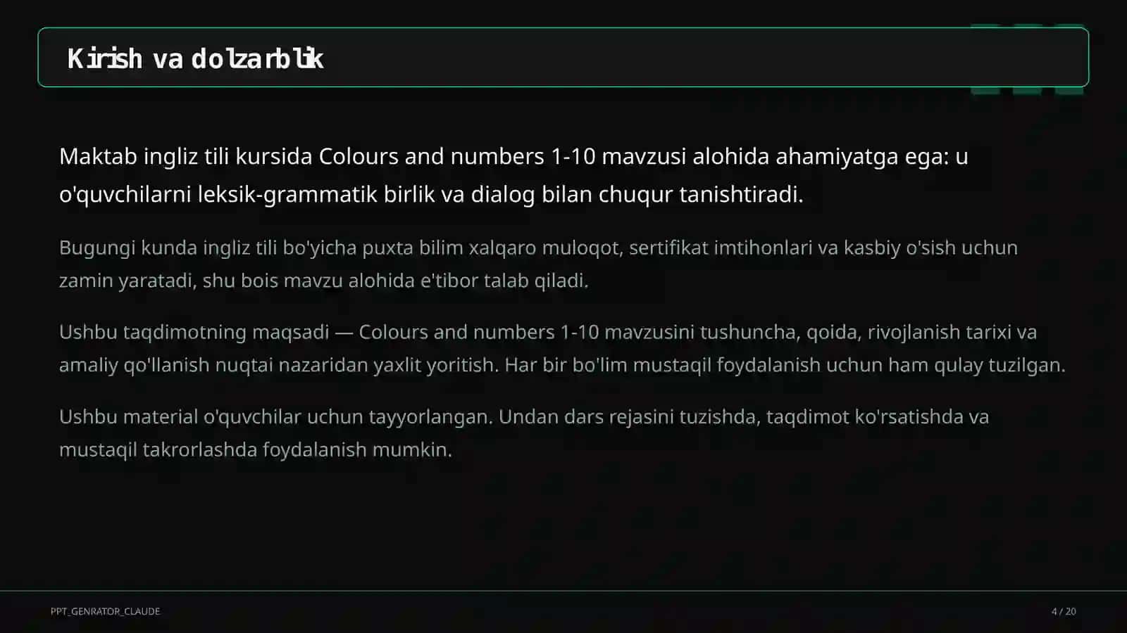 Colours and numbers 1-10 (1-sinf) 4