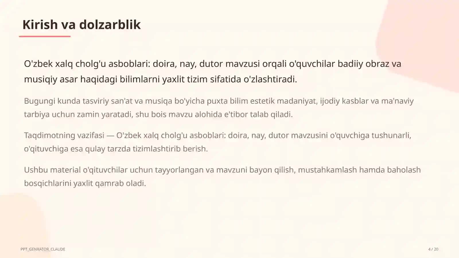 O'zbek xalq cholg'u asboblari: doira, nay, dutor (2-sinf) 4