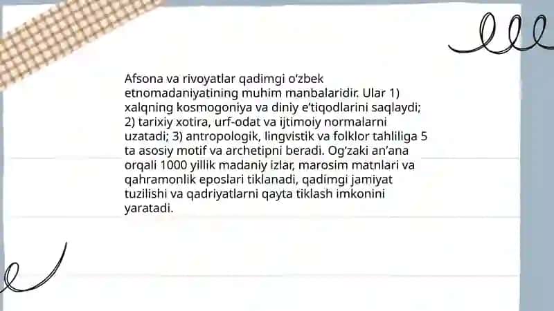 Qadimgi davr oʻzbek folklori etnomadaniyat tarixida muhim manba 4