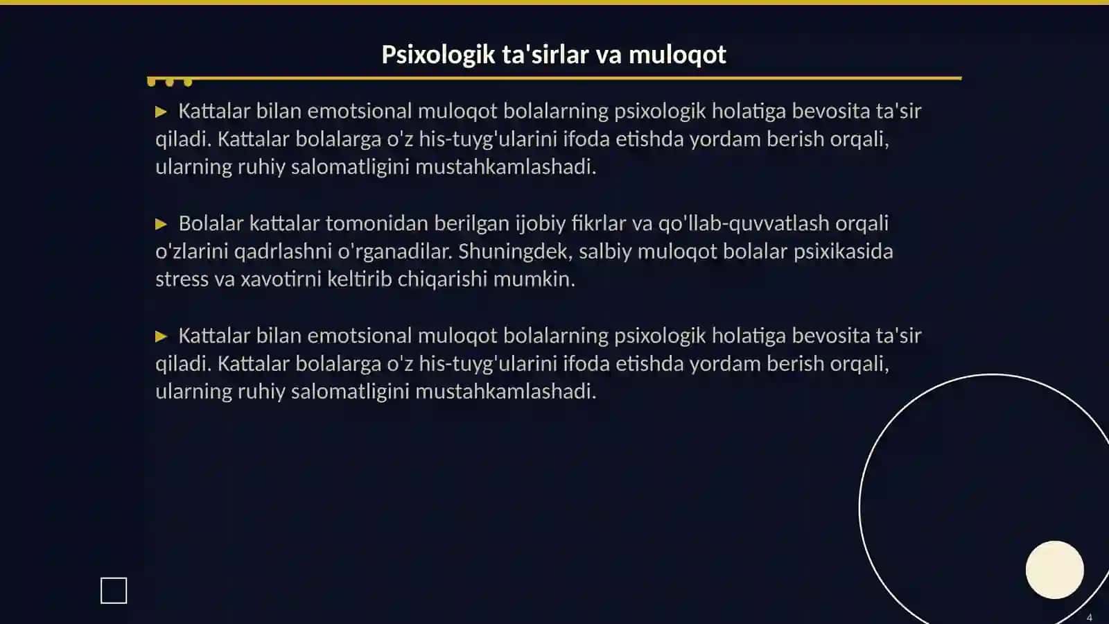 Goʻdaklik davrida psixologik rivojlanishda kattalar bilan emotsional muloqotning ahamiyati. Ilk bolalik davrida psixik rivojlanish xususiyatlari 4