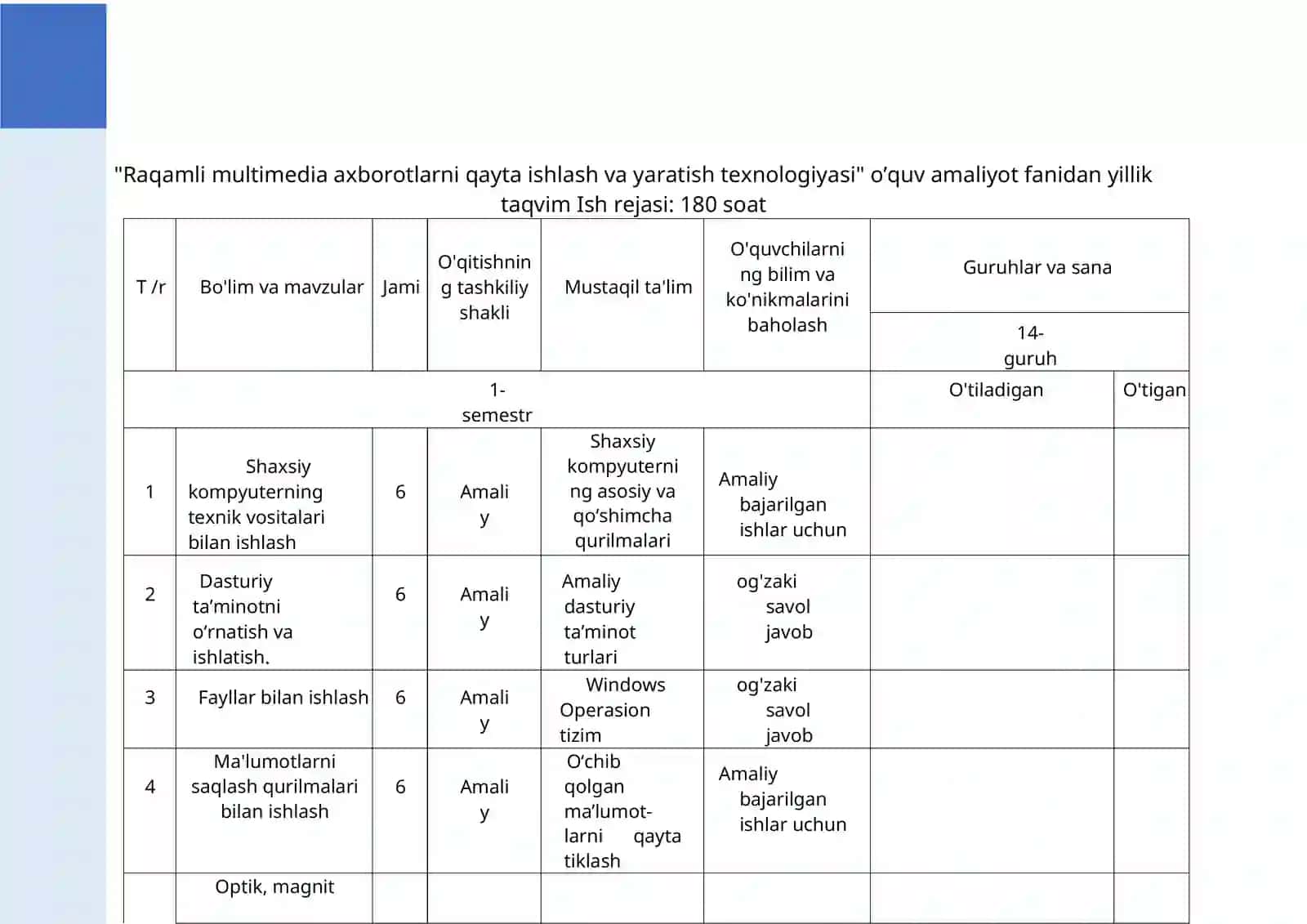 Raqamli multimedia axborotlarni qayta ishlash va yaratish texnologiyasi o’quv amaliyoti fanidan O’QITISH MATERIALLARI 4