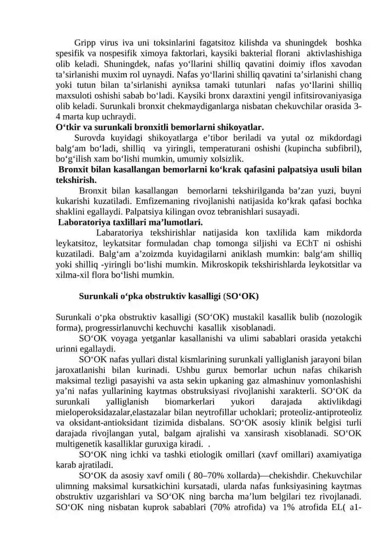 Bronxo-obstruktiv sindrom. O‘tkir va surunkali bronxit, Surunkali o‘pka obstruktiv kasalligi (SO‘OK), bronxial astma, o‘pka yemfizemasi bilan og‘rigan bemorlarni tekshirish va diagnostikasi. 4