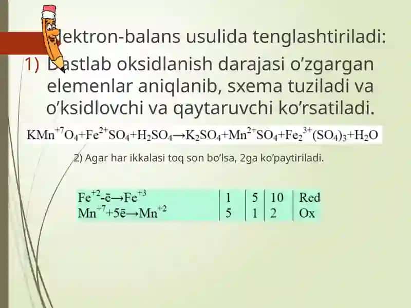 Oksidlanish-qaytarilish reaksiyalarini yarimreaksiya usuli bilan tenglash 4