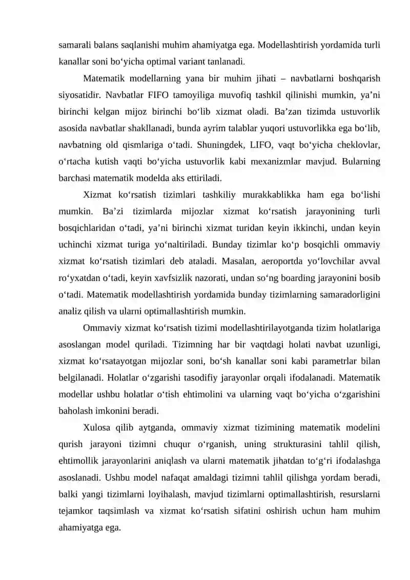 OMMAVIY XIZMAT KO‘RSATISH TIZIMINING MATEMATIK VA SIMULYATSIYALASH MODELLARI 4
