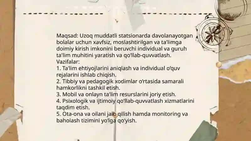 Tibbiyot muassasalarida uzoq mudatli statsionalarida davolanayotgan bolalar uchun ta'lim muhitini yaralish va qollab-quvvatlash slayd 4