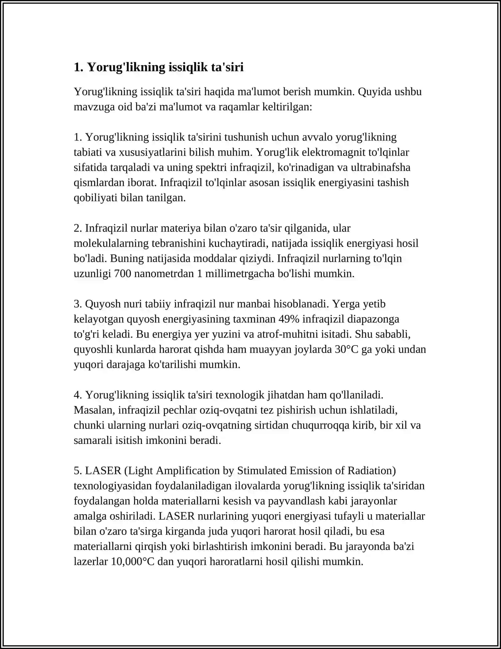 YORUG'LIKNING ISSIQLIK VA XIMOYOVIY TA'SIRI. FOTOLYUMINSESSIYA, FLUORESSENSIYA VA FOSFORESSENSIYA. O'SIMLIKLAR FLYUORESSENSIYASI QONUNLARINING FIZIK TALQINI 4