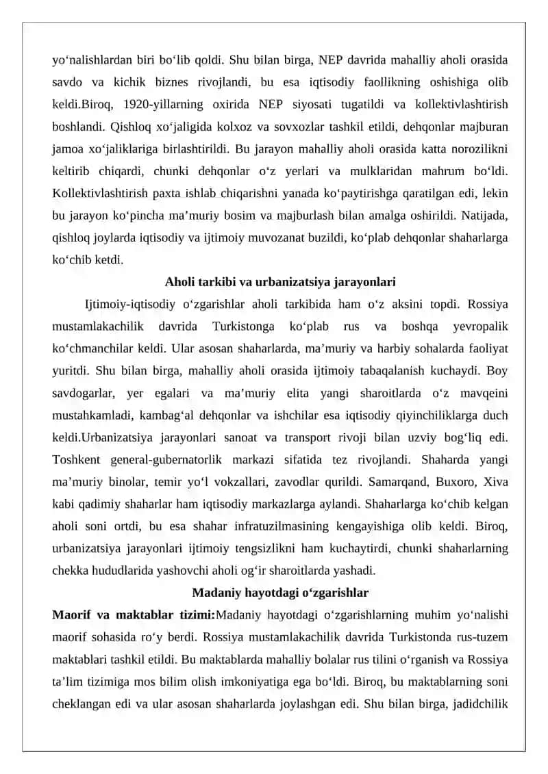 Turkistonda boshqaruv tizimining shakllanishi va ijtimoiy-iqtisodiy sohadagi o‘zgarishlar va madaniy hayot 4