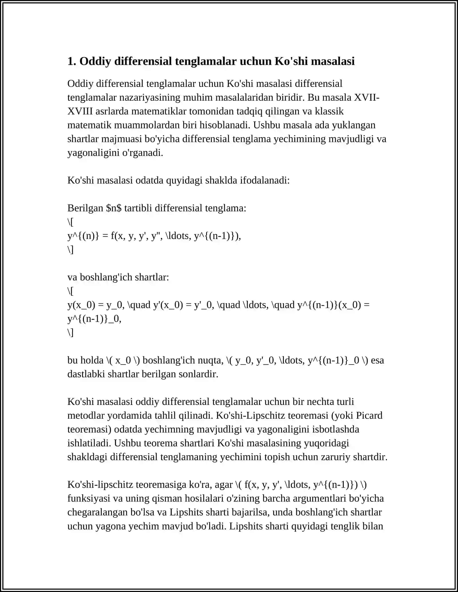 ODDIY DIFFERENSIAL TENGLAMALAR UCHUN KOSHI MASALASINI YECHISHDA TAQRIBIY METODLAR 4