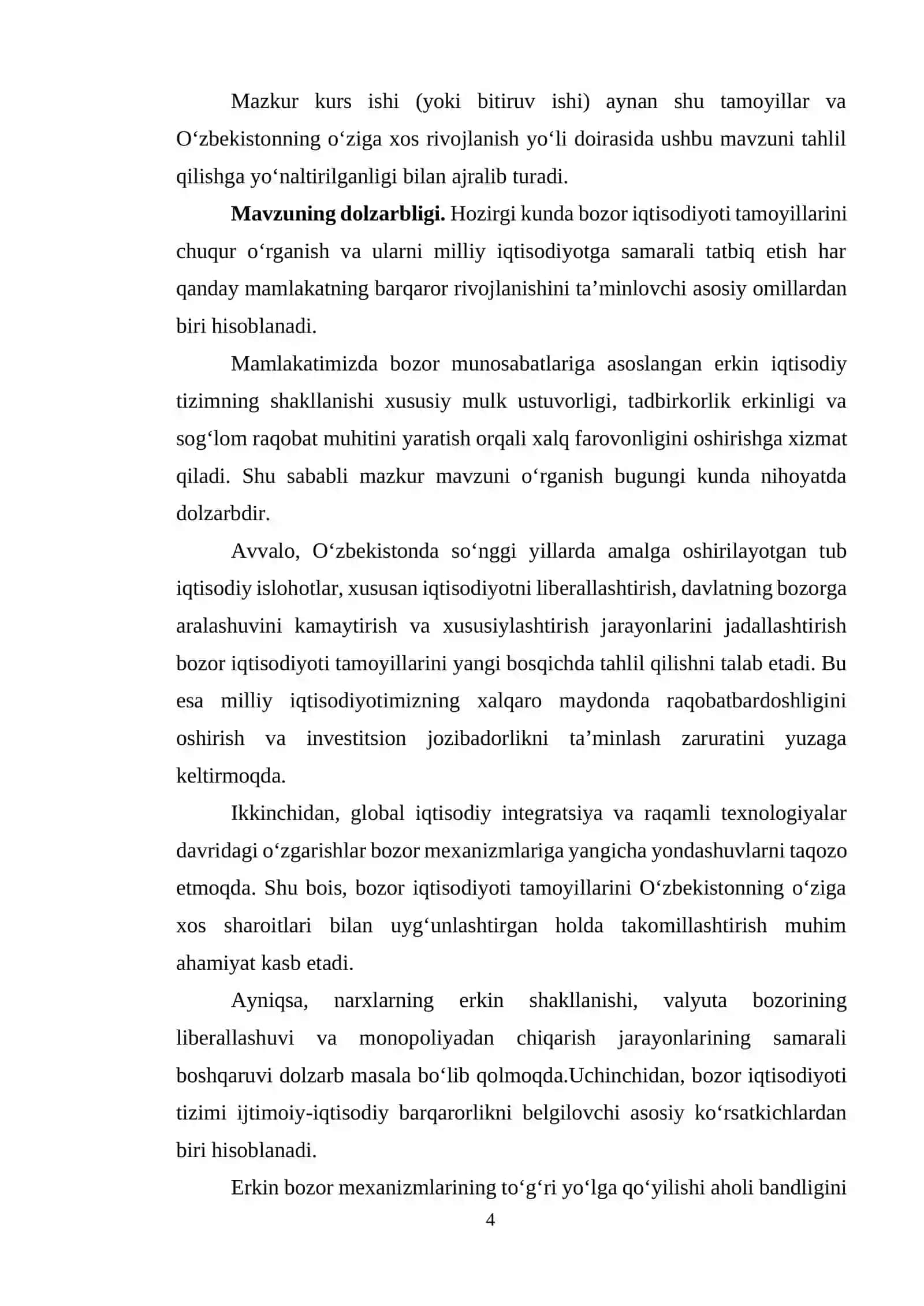 Bozor iqtisodiyoti tamoyillari va O’zbekiston sharoitida ularning amalga oshirilishi 4