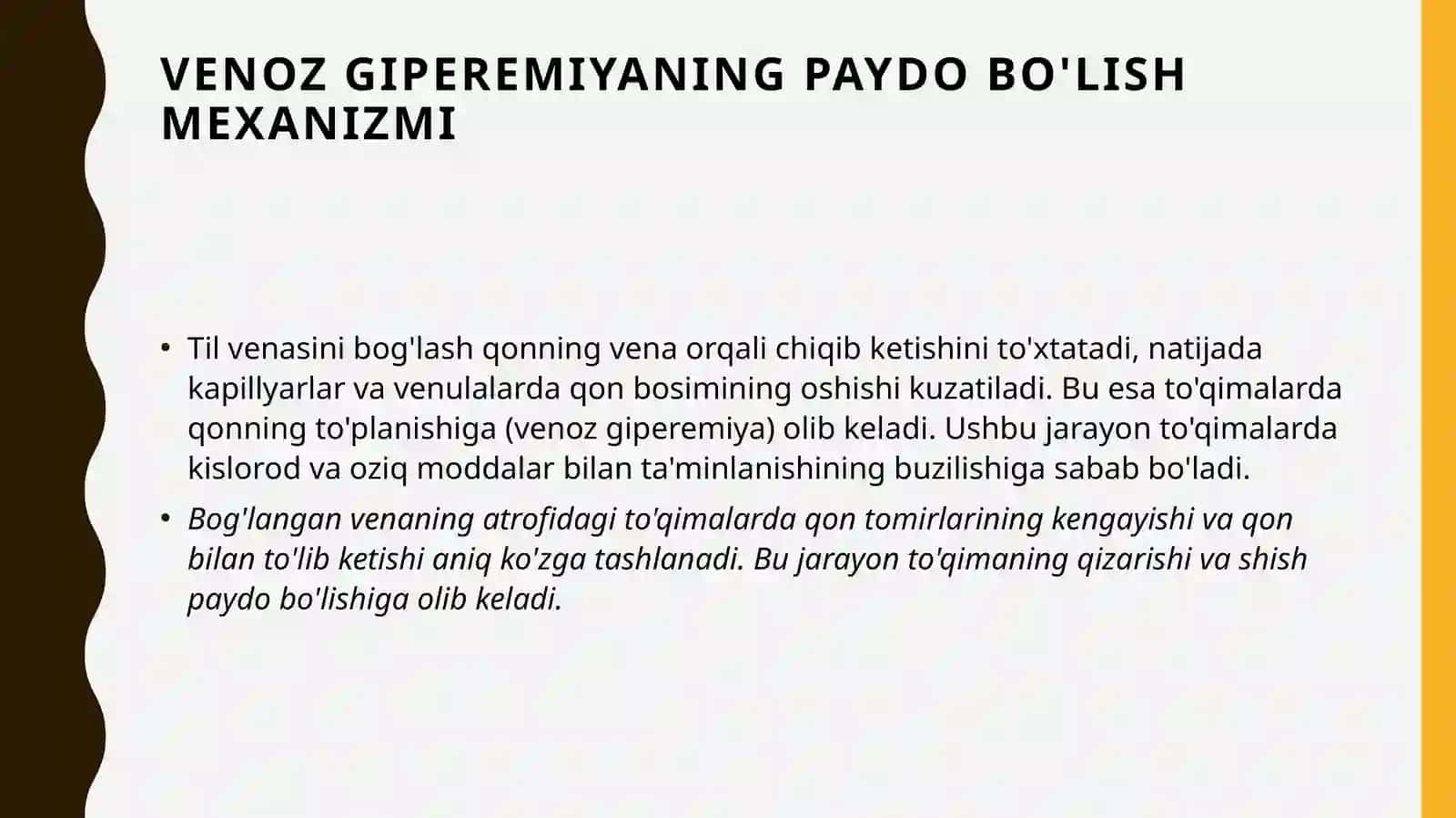 Venoz giperemiyani baqa tilida til venasini bog'lash yo'li bilan yuzaga keltirish: ishemiya, staz, tromboz, emboliyalar 4