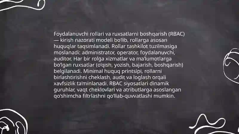 Foydalanuvchilar, rollar va sxemalar, sertifikatlarni qo‘llash hamda shifrlash va kriptografik funksiyalarni qo‘llash 4