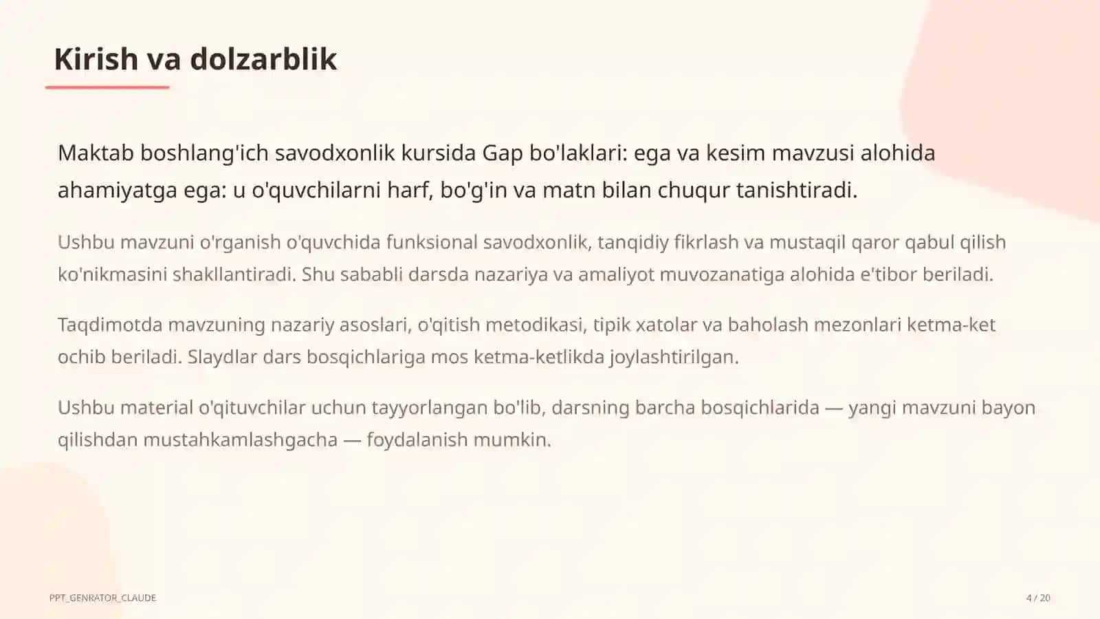 Gap bo'laklari: ega va kesim (4-sinf) 4