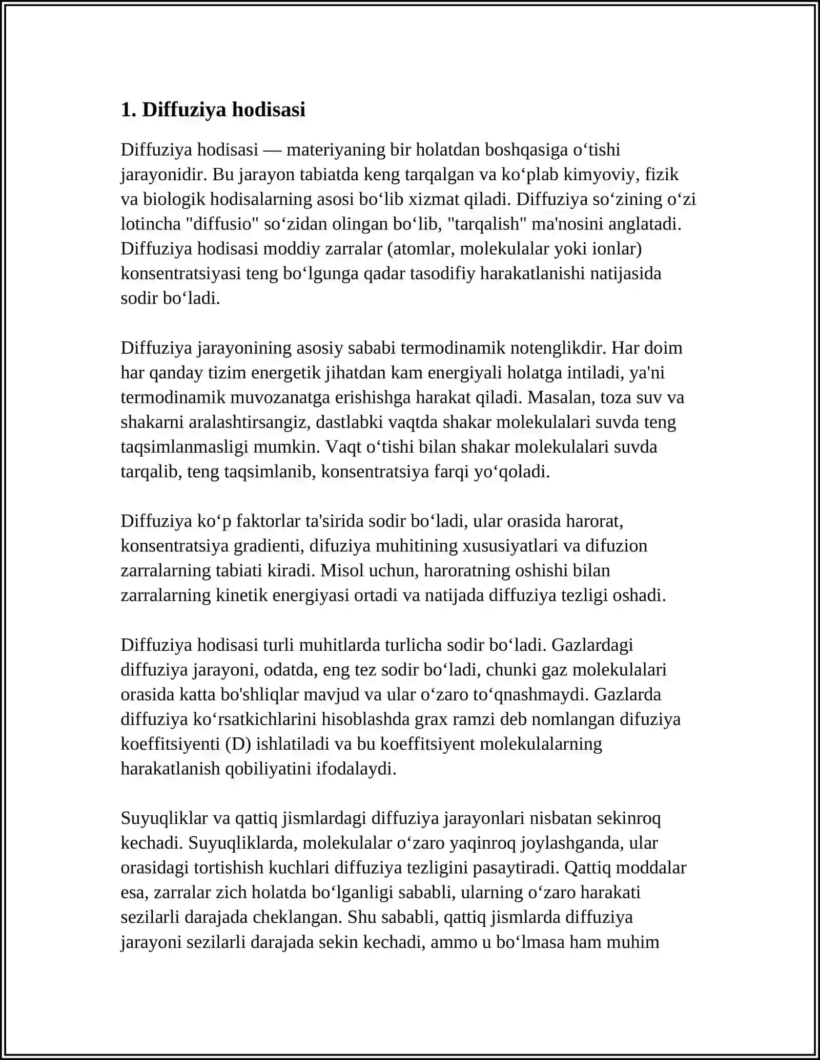 KO' CHISH HODISALARI. DIFFUZIYA, ISSIGLIK O'TKAZUVCHANLIK VA QOVUSHQOQLIK 4