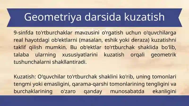 9-11 sinf algebra yoki geometriya maktab darsliklaridan foydalanib, Matematika oqitishda  kuzatish,  tajriba , taqqoslash , analogiya, analiz va sintez  metodlaridan foydalanib mavzularni yoritib berish. 4
