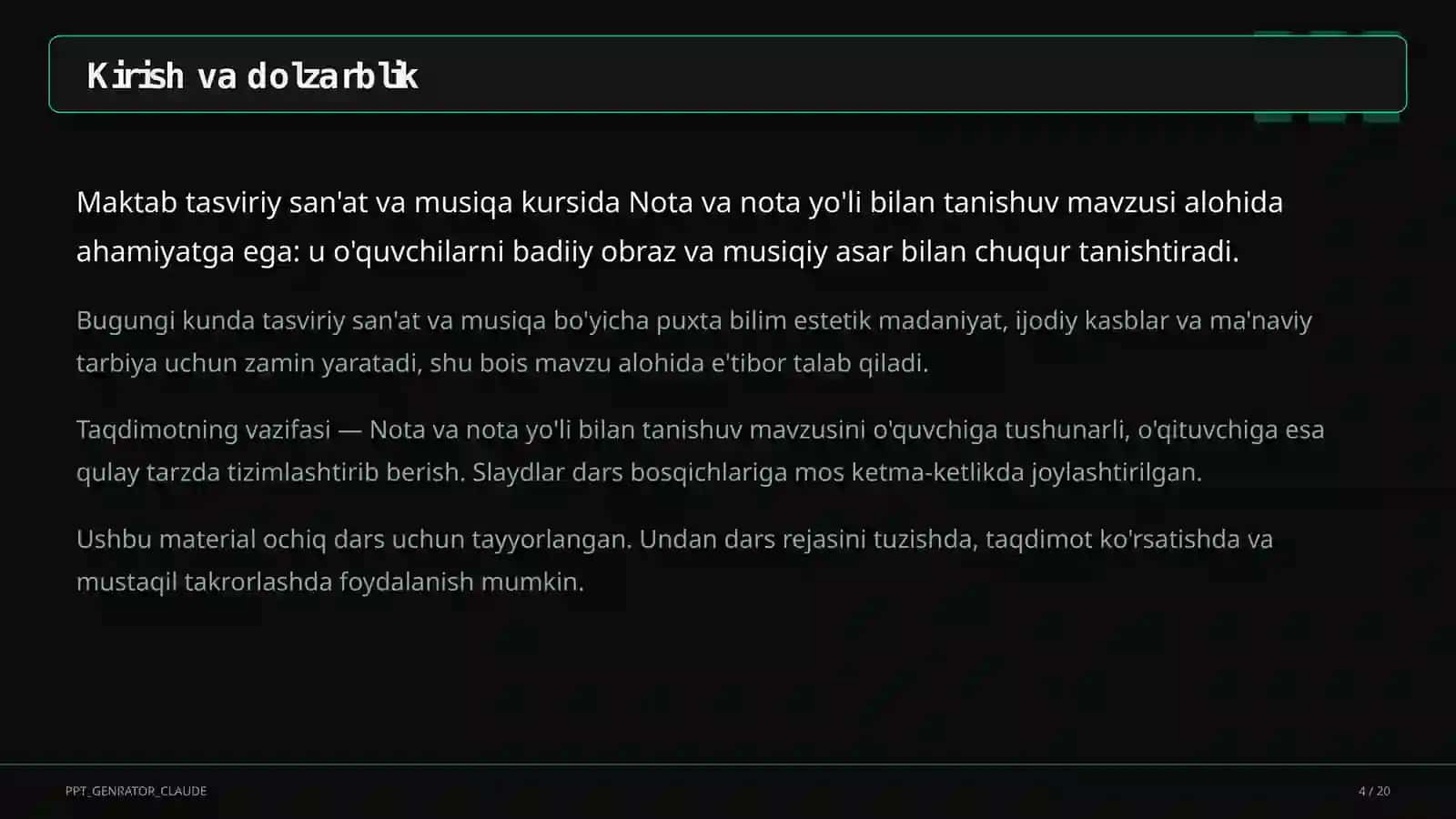 Tasviriy san'at va musiqa (1–7) — ochiq dars uchun 4