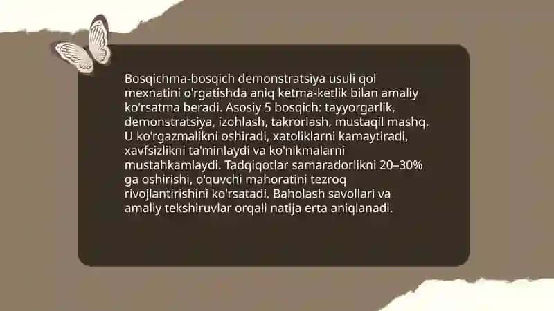 Texnologiya talimi nazariyasi va metodikasi fanidan qol mexnatini organish usullari 4